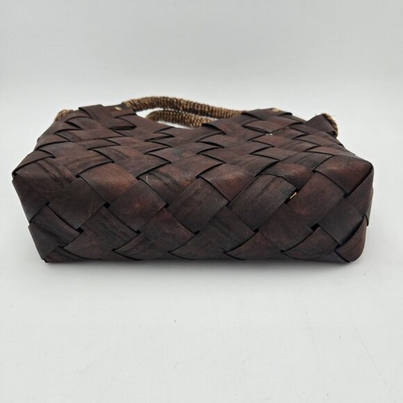 Dark Brown Wood Basket Weave Handbag Womens Medium Handles Coastal Cottagecore - Picture 4 of 14